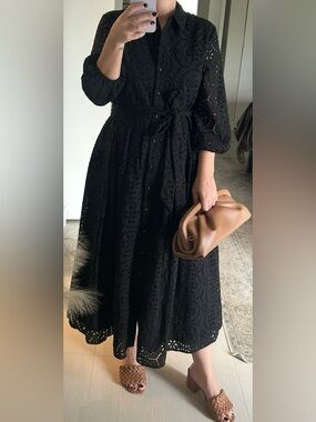 The White Company Black Eyelet Shirt Maxi Dress with Tie Waist
